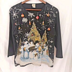 Jess & Jane Snow Band Christmas Snowmen Top XL Rhinestone 100% Cotton USA